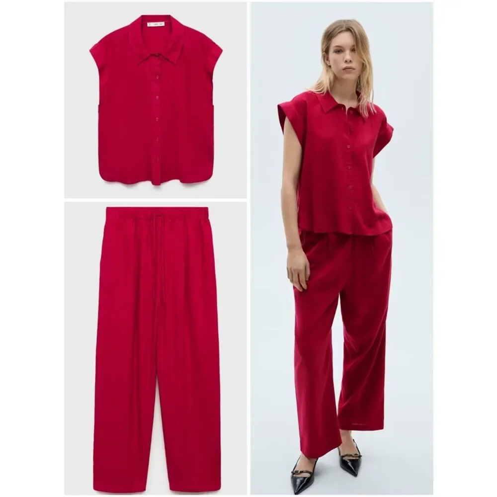 Mango Co-Ord Linen Set Flowy Pants and Blouse New
